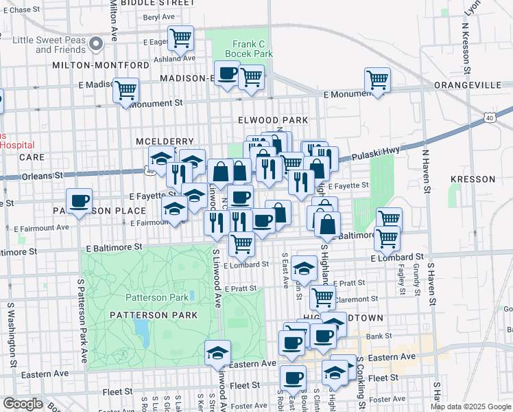 map of restaurants, bars, coffee shops, grocery stores, and more near 126 North Ellwood Avenue in Baltimore