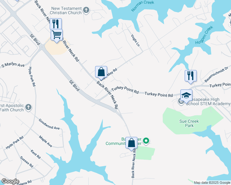 map of restaurants, bars, coffee shops, grocery stores, and more near 1609 Turkey Point Road in Essex