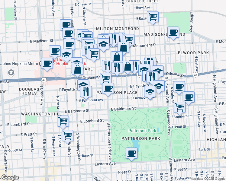 map of restaurants, bars, coffee shops, grocery stores, and more near 137 North Bradford Street in Baltimore
