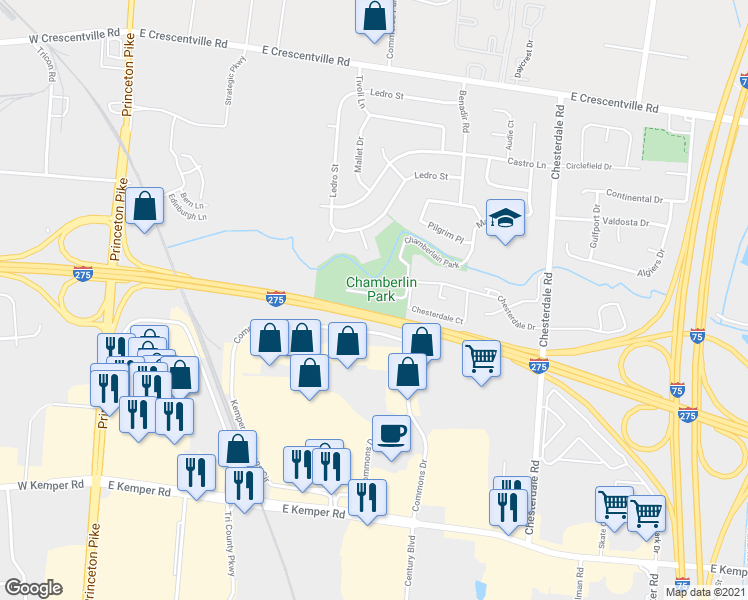 map of restaurants, bars, coffee shops, grocery stores, and more near Interstate 275 in Springdale