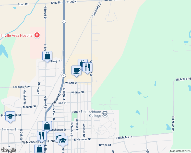 map of restaurants, bars, coffee shops, grocery stores, and more near 1200 University Street in Carlinville