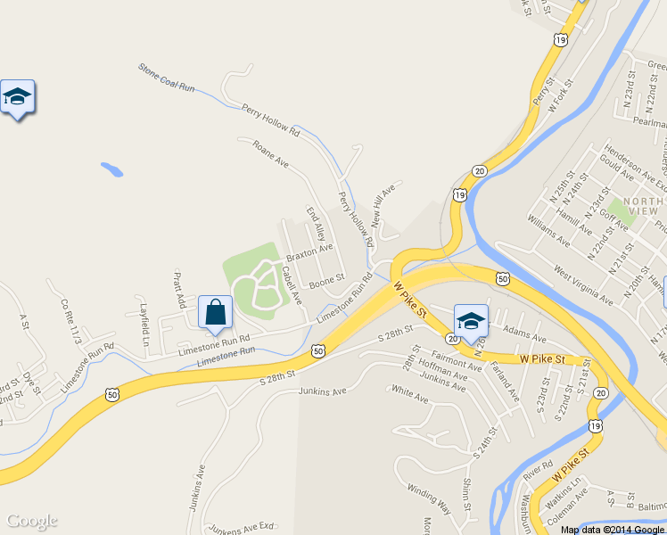 map of restaurants, bars, coffee shops, grocery stores, and more near 311 1/2 Roane Ave in Clarksburg