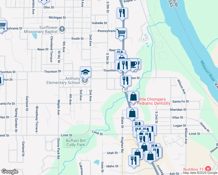 map of restaurants, bars, coffee shops, grocery stores, and more near 2301 South 5th Street in Leavenworth