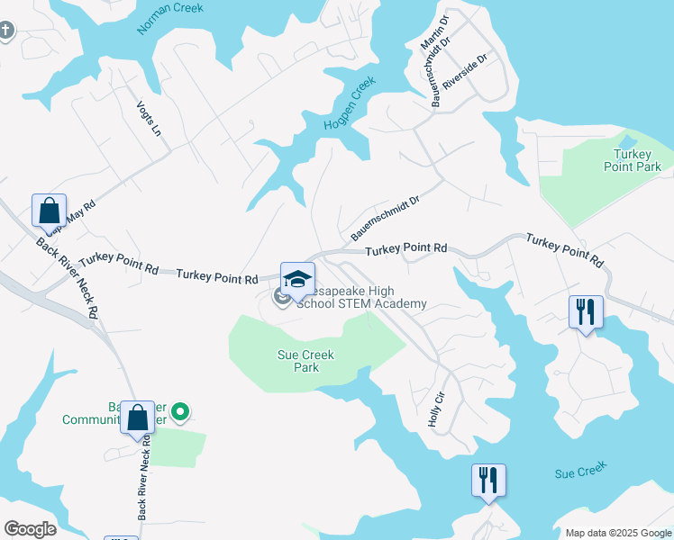 map of restaurants, bars, coffee shops, grocery stores, and more near 1905 Sue Creek Drive in Essex