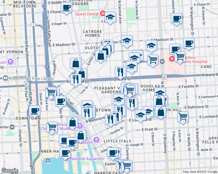 map of restaurants, bars, coffee shops, grocery stores, and more near 204 Aisquith Street in Baltimore