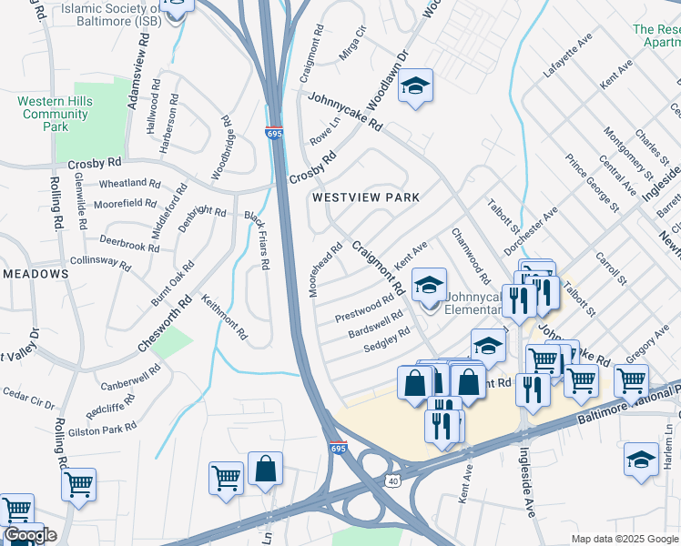map of restaurants, bars, coffee shops, grocery stores, and more near 6000 Sherrill Road in Catonsville