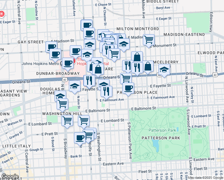 map of restaurants, bars, coffee shops, grocery stores, and more near 140 North Duncan Street in Baltimore