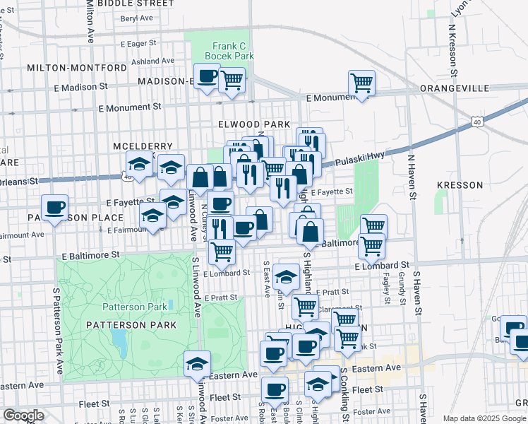 map of restaurants, bars, coffee shops, grocery stores, and more near 3205 Esther Place in Baltimore