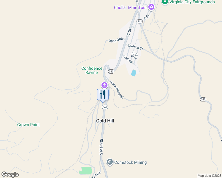 map of restaurants, bars, coffee shops, grocery stores, and more near 1441 North Main Street in Virginia City