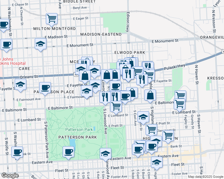 map of restaurants, bars, coffee shops, grocery stores, and more near 132 North Potomac Street in Baltimore