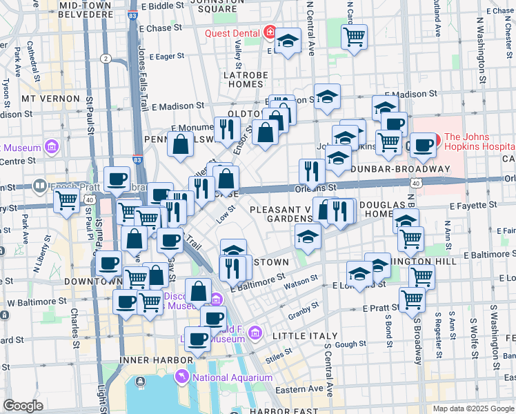 map of restaurants, bars, coffee shops, grocery stores, and more near 201 Saint Matthews Street in Baltimore