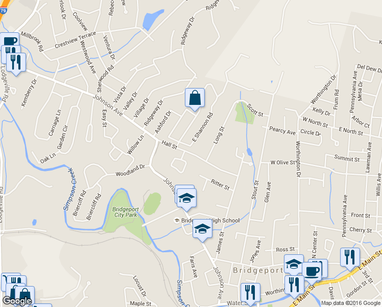 map of restaurants, bars, coffee shops, grocery stores, and more near 625 Hall Street in Bridgeport