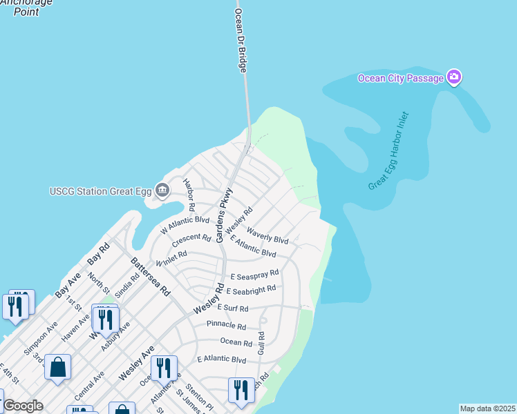 map of restaurants, bars, coffee shops, grocery stores, and more near 907 Wesley Rd in Ocean City