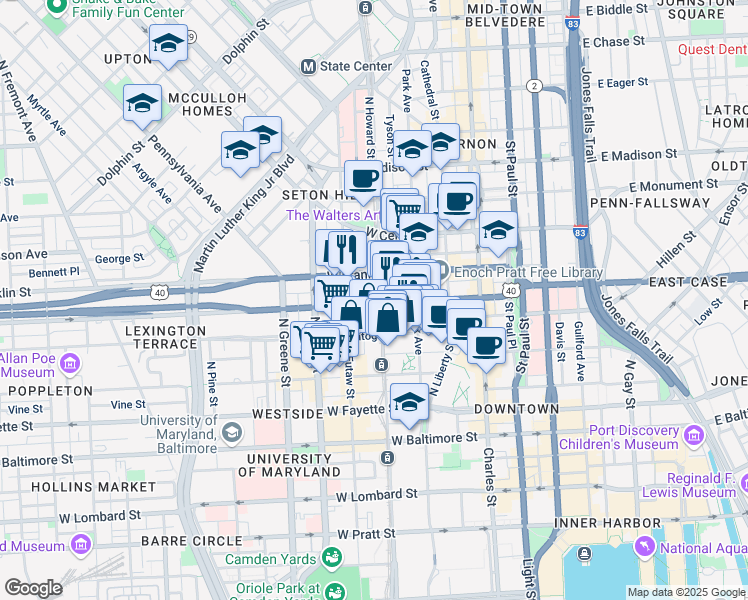map of restaurants, bars, coffee shops, grocery stores, and more near 400 North Howard Street in Baltimore