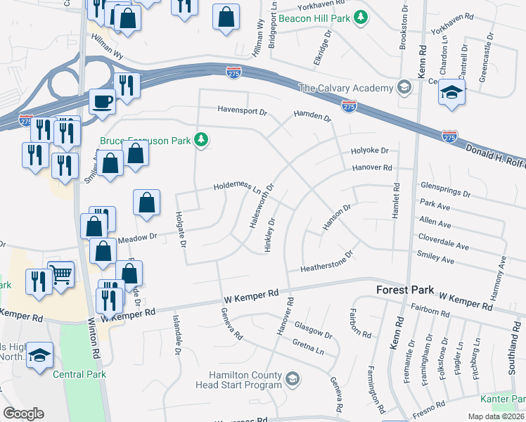 map of restaurants, bars, coffee shops, grocery stores, and more near 945 Halesworth Drive in Cincinnati