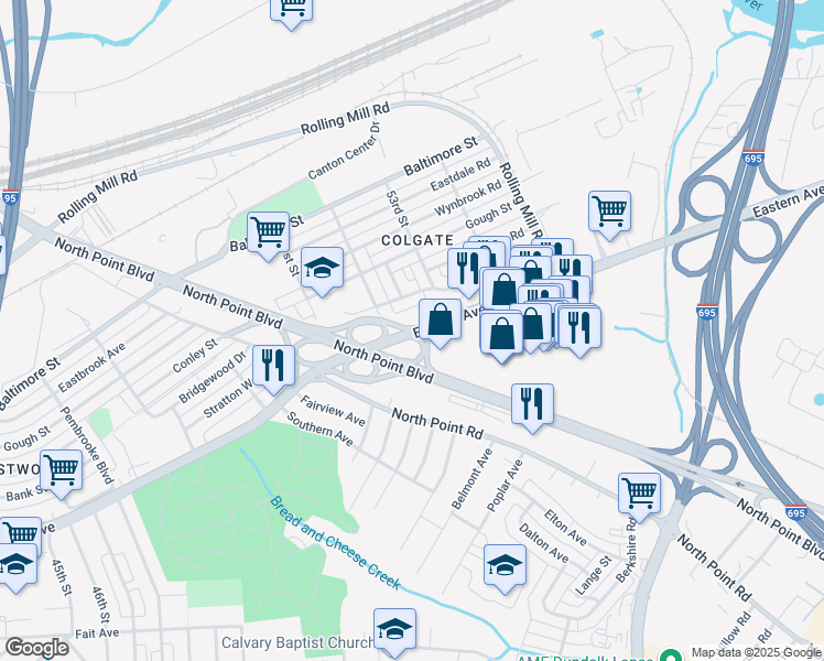 map of restaurants, bars, coffee shops, grocery stores, and more near 7800 Eastern Avenue in Dundalk