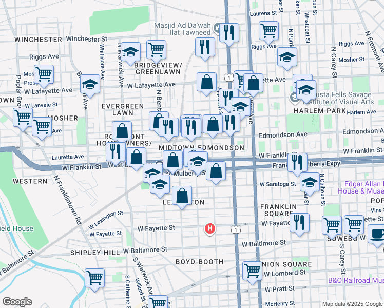 map of restaurants, bars, coffee shops, grocery stores, and more near 514 South Pulaski Street in Baltimore