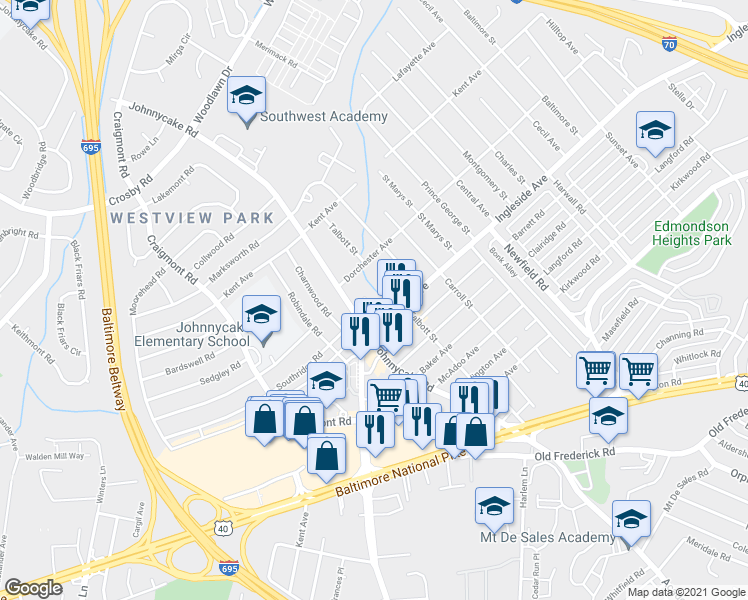 map of restaurants, bars, coffee shops, grocery stores, and more near 5906 Howard Place in Woodlawn