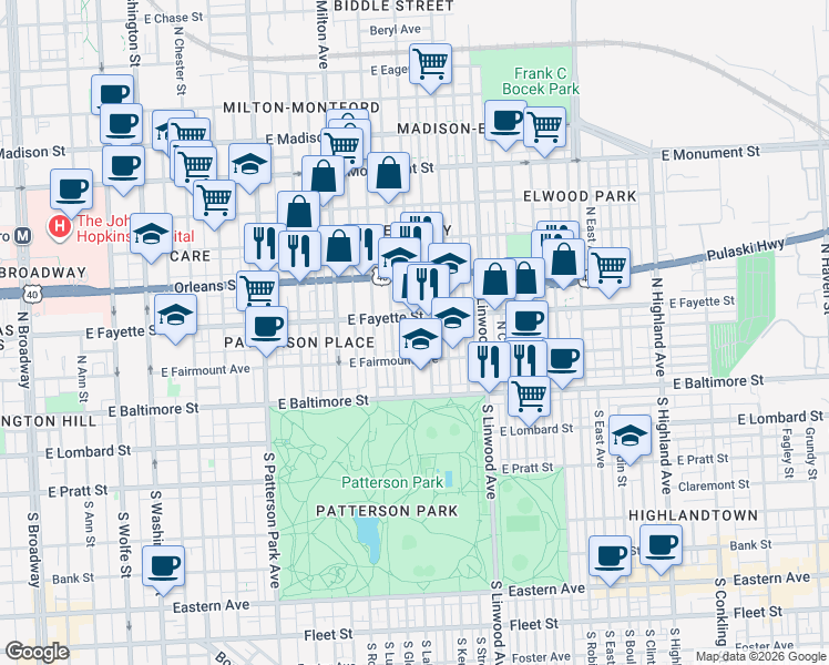 map of restaurants, bars, coffee shops, grocery stores, and more near 139 North Lakewood Avenue in Baltimore