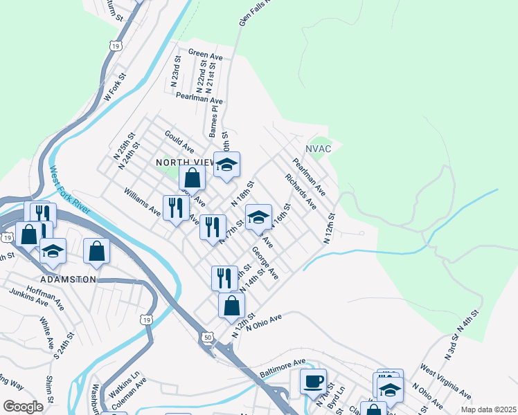map of restaurants, bars, coffee shops, grocery stores, and more near 1423 North 17th Street in Clarksburg