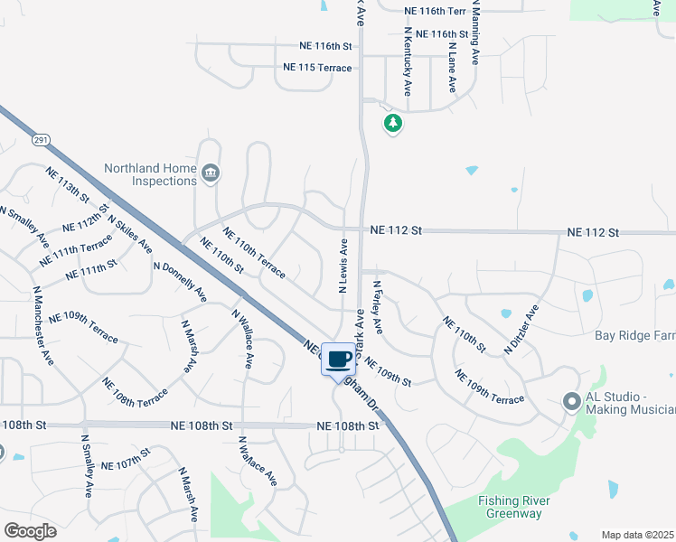 map of restaurants, bars, coffee shops, grocery stores, and more near 11056 North Lewis Avenue in Kansas City