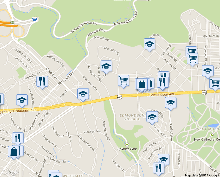 map of restaurants, bars, coffee shops, grocery stores, and more near 603 Winans Way in Baltimore