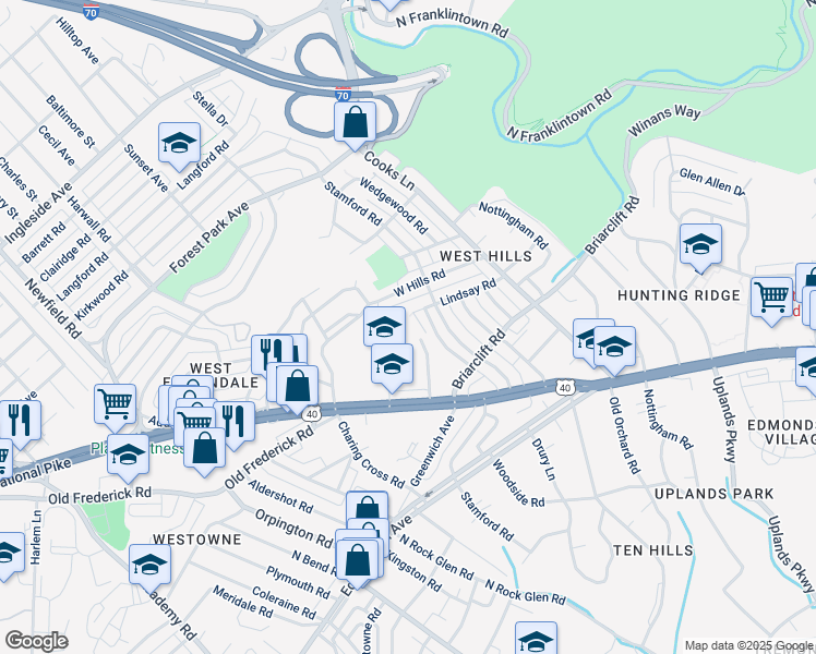 map of restaurants, bars, coffee shops, grocery stores, and more near 5021 Lindsay Road in Baltimore