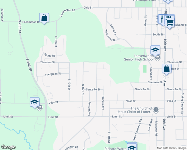 map of restaurants, bars, coffee shops, grocery stores, and more near 2212 S 15th St in Leavenworth