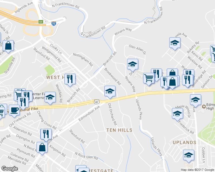 map of restaurants, bars, coffee shops, grocery stores, and more near 703 Nottingham Road in Baltimore
