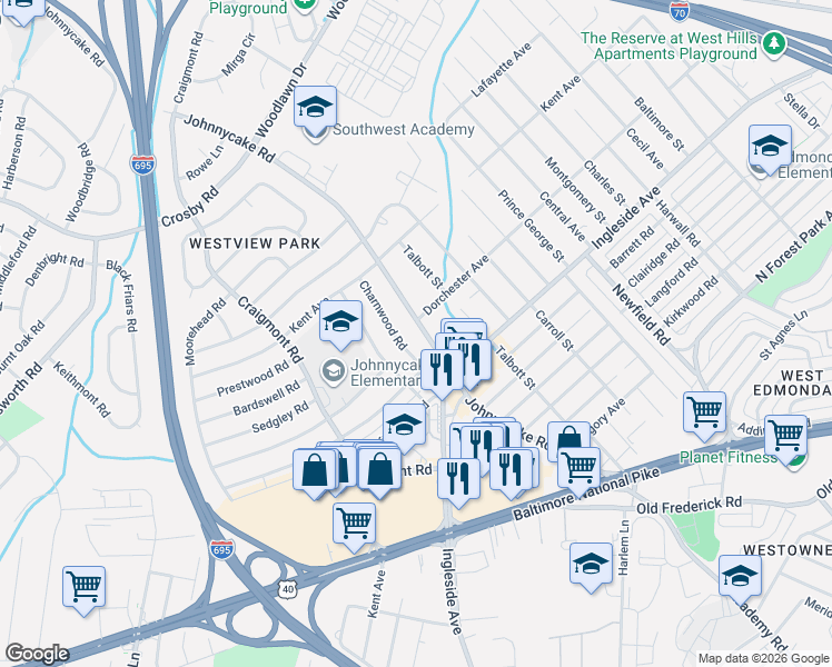 map of restaurants, bars, coffee shops, grocery stores, and more near 5915 Johnnycake Road in Baltimore