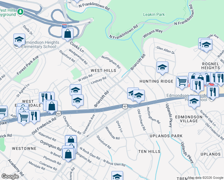 map of restaurants, bars, coffee shops, grocery stores, and more near 4911 Briarclift Road in Baltimore