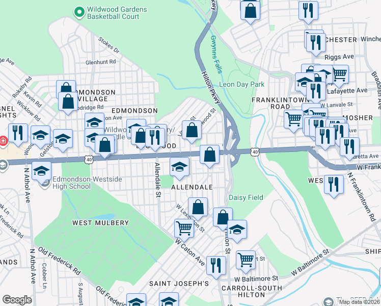 map of restaurants, bars, coffee shops, grocery stores, and more near Edmondson Ave & Edgewood St in Baltimore