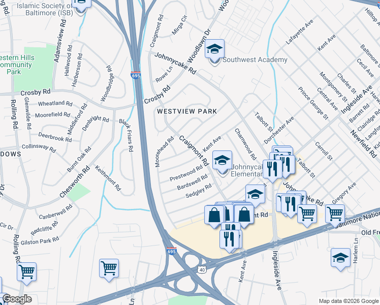 map of restaurants, bars, coffee shops, grocery stores, and more near 925 Marksworth Road in Catonsville