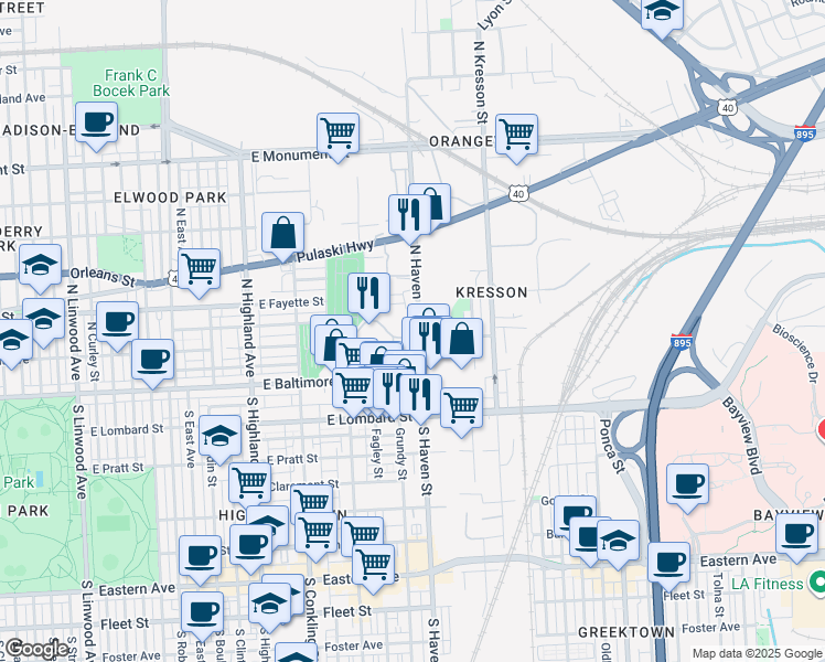 map of restaurants, bars, coffee shops, grocery stores, and more near 108 North Haven Street in Baltimore