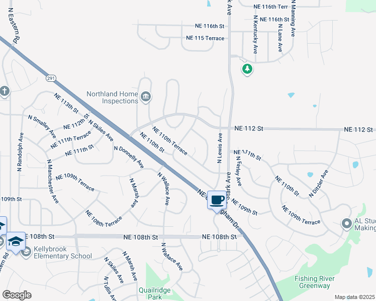 map of restaurants, bars, coffee shops, grocery stores, and more near 8603 Northeast 110th Terrace in Kansas City