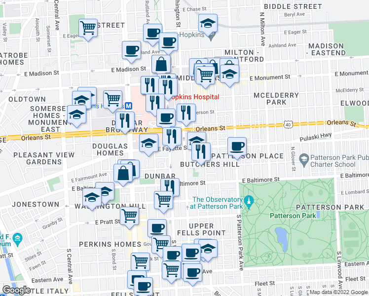 map of restaurants, bars, coffee shops, grocery stores, and more near E Fayette St & N Washington St in Baltimore