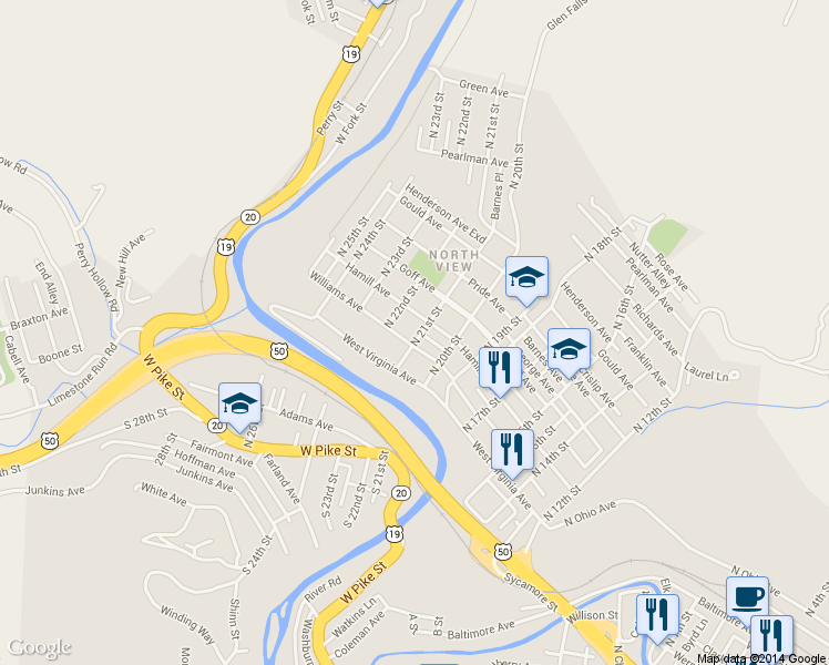 map of restaurants, bars, coffee shops, grocery stores, and more near 1114 N 21st St in Clarksburg