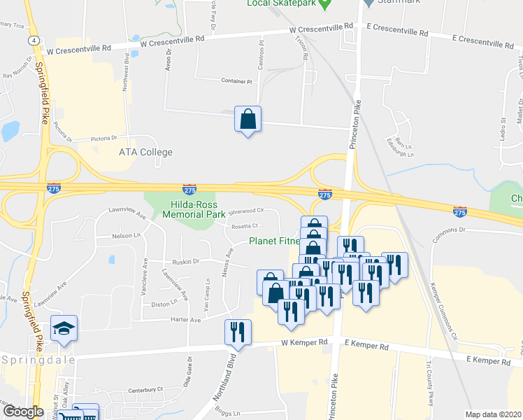 map of restaurants, bars, coffee shops, grocery stores, and more near 110 Silverwood Circle in Cincinnati