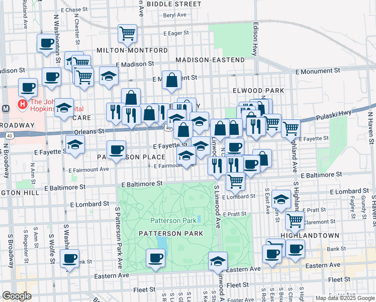 map of restaurants, bars, coffee shops, grocery stores, and more near 134 North Belnord Avenue in Baltimore