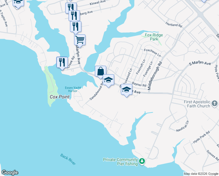 map of restaurants, bars, coffee shops, grocery stores, and more near 900 South Marlyn Avenue in Essex
