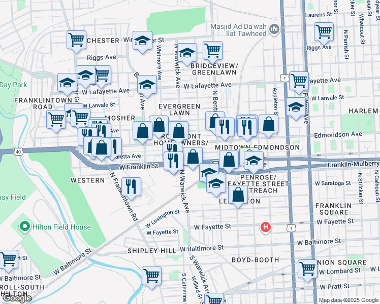 map of restaurants, bars, coffee shops, grocery stores, and more near 2426 Lauretta Avenue in Baltimore