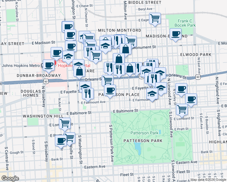 map of restaurants, bars, coffee shops, grocery stores, and more near 2317 East Fayette Street in Baltimore
