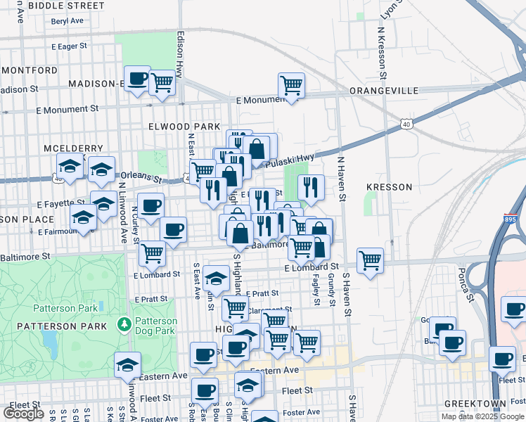 map of restaurants, bars, coffee shops, grocery stores, and more near 3531 Esther Place in Baltimore