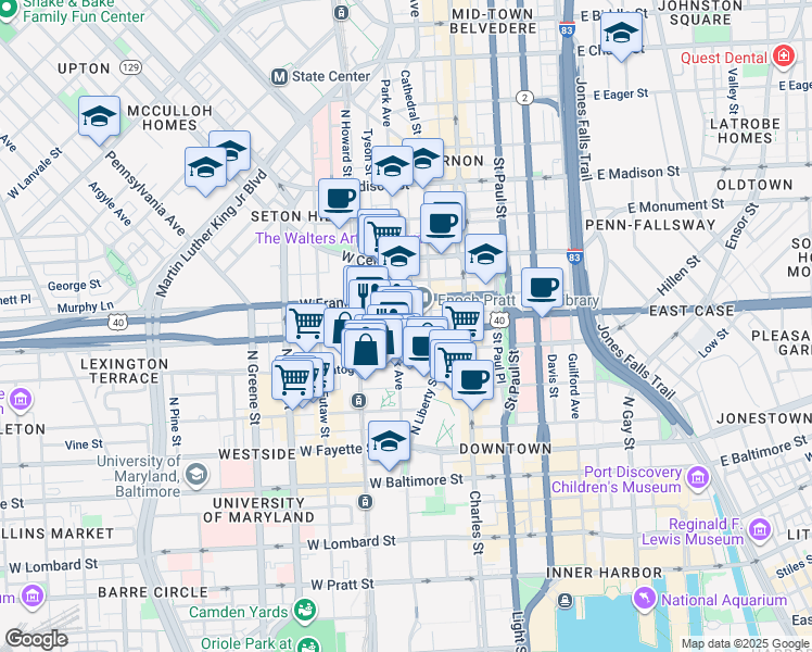 map of restaurants, bars, coffee shops, grocery stores, and more near 112 West Mulberry Street in Baltimore