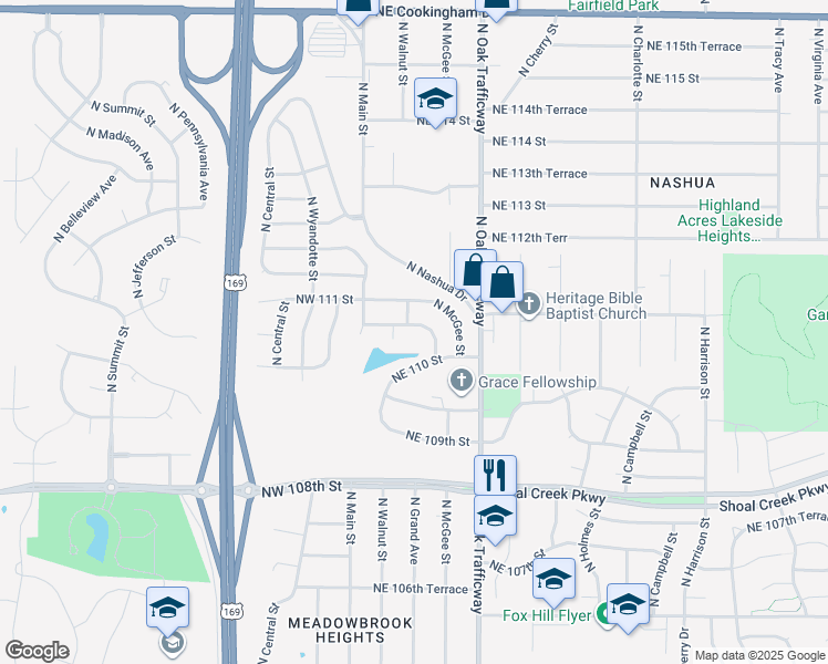 map of restaurants, bars, coffee shops, grocery stores, and more near 111 Northeast 110th Terrace in Kansas City