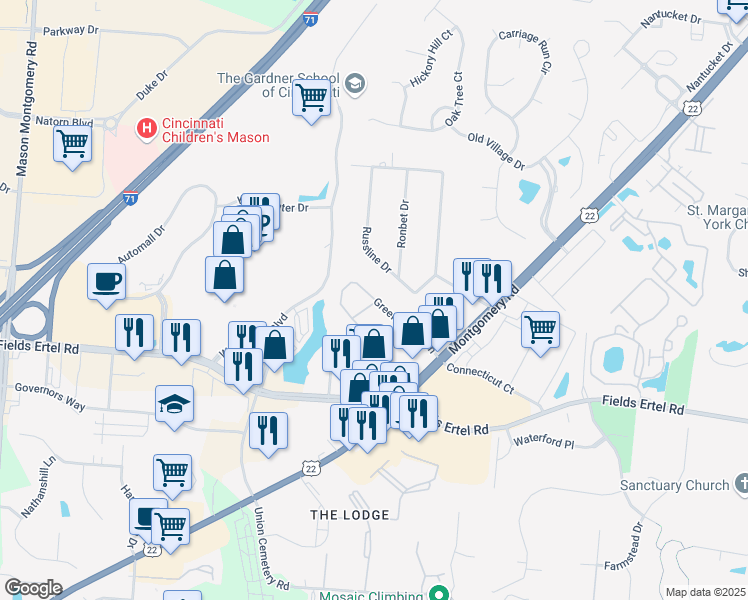 map of restaurants, bars, coffee shops, grocery stores, and more near 9836 Kims Arbor Lane in Cincinnati