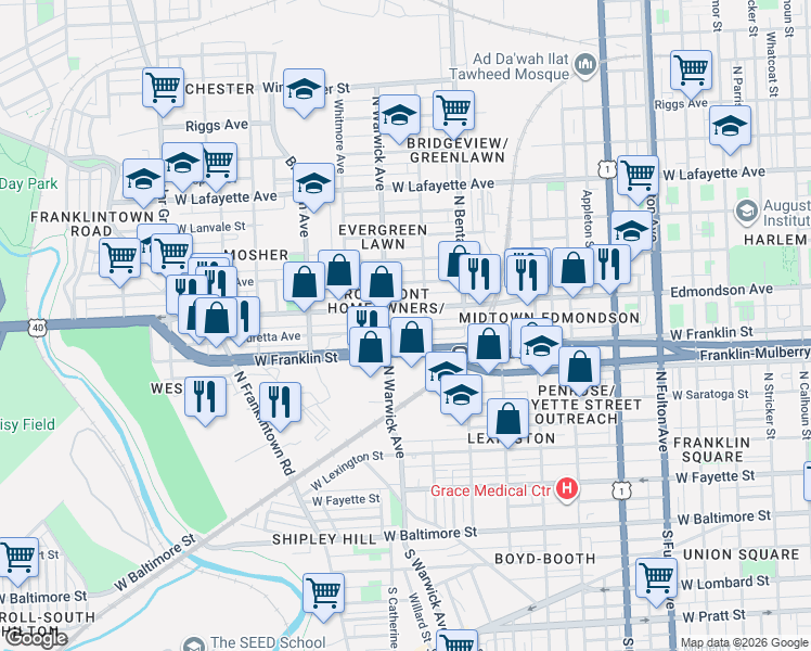 map of restaurants, bars, coffee shops, grocery stores, and more near 2426 Lauretta Avenue in Baltimore