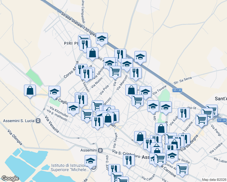 map of restaurants, bars, coffee shops, grocery stores, and more near 51 Via Marconi in Assemini