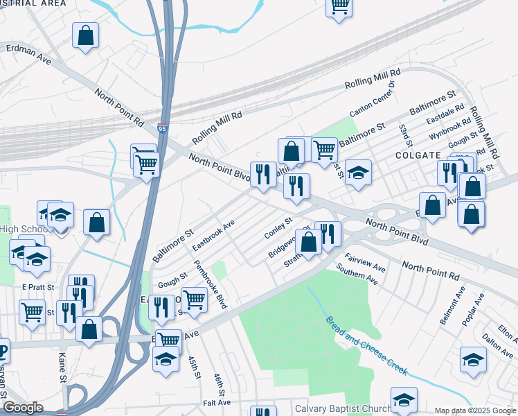 map of restaurants, bars, coffee shops, grocery stores, and more near 7169 Eastbrook Avenue in Baltimore