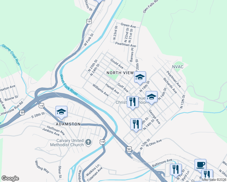 map of restaurants, bars, coffee shops, grocery stores, and more near 1114 N 21st St in Clarksburg